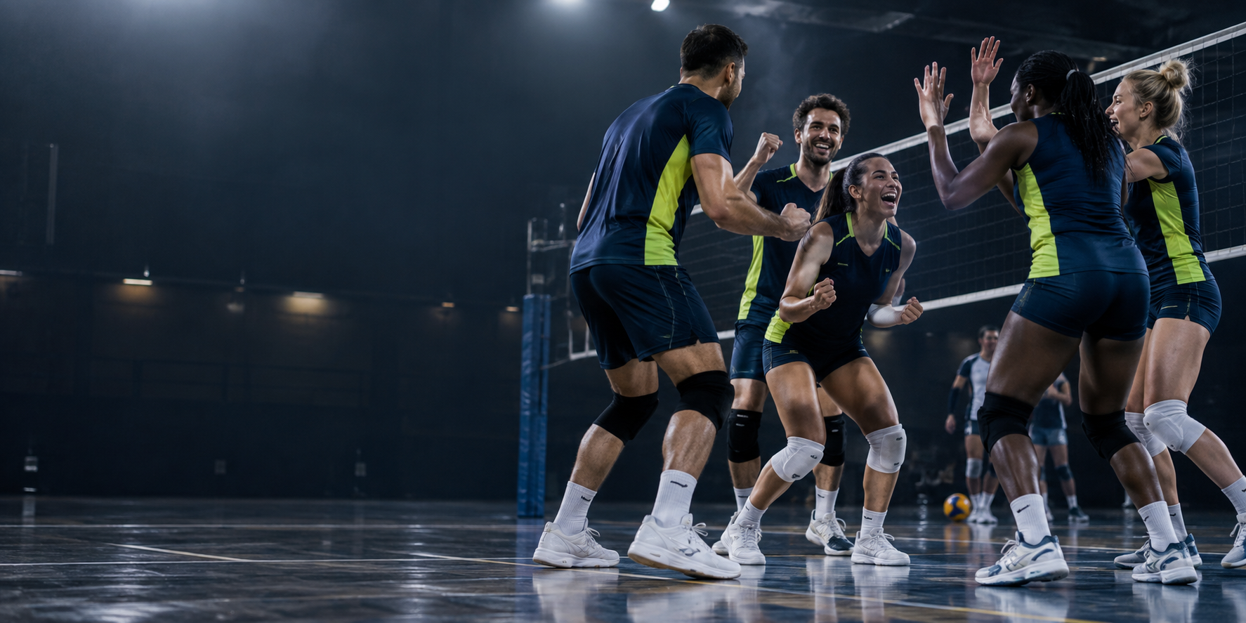 Volleyball players celebrating together beside the net